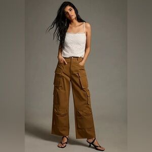 Wide Leg Cargo Pants Straight Fit Utility Khaki Trousers Brown Tan Size Medium